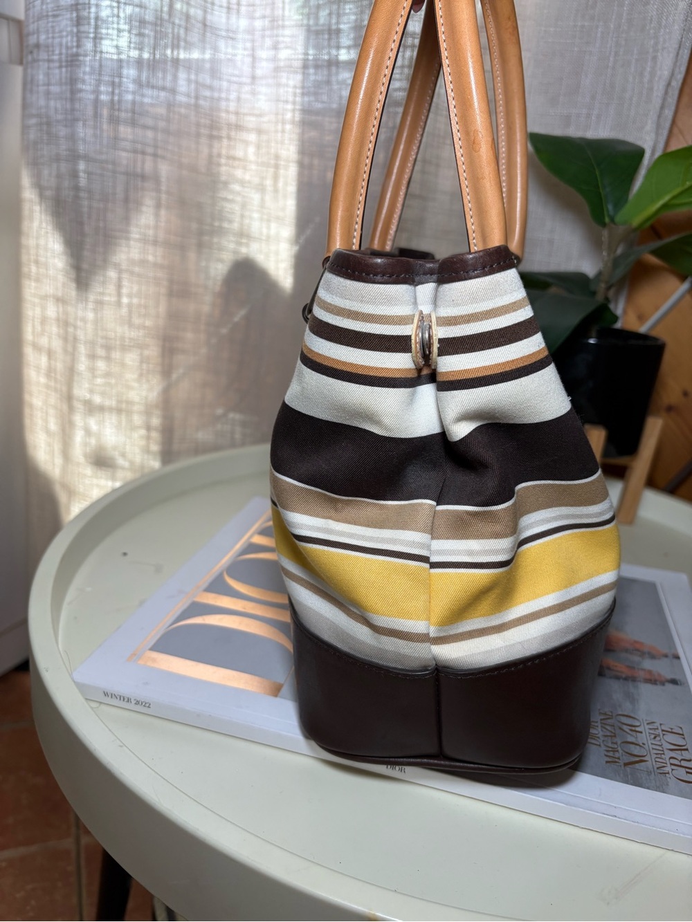 Vintage Coach Striped Brown Tan Beige Yellow Satchel Top Handle Bag Zip vintage - Picture 4 of 8